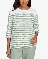 Alfred Dunner Women's Santa Fe Tie Dye Stripe Embroidered Crew Neck Top