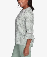 Alfred Dunner Women's Santa Fe Embroidered Geometric Flare Sleeve Top
