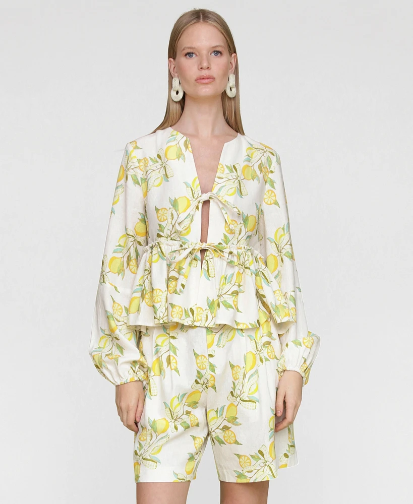 Avec Les Filles Women's Printed Tie-Front Balloon-Sleeve Blouse