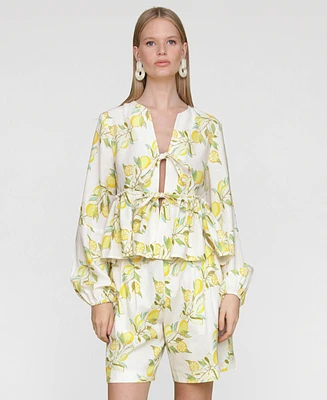 Avec Les Filles Women's Printed Tie-Front Balloon-Sleeve Blouse
