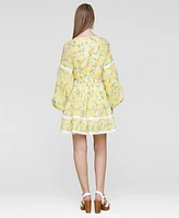 Avec Les Filles Women's Cotton Lemon-Print Split-Neck Prairie Mini Dress