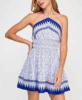 Trixxi Juniors' Ruched-Waist Printed Halter Mini Dress