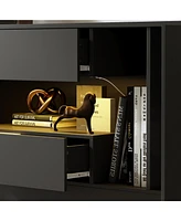 Tv stand with two doors, two drawers, media console with light strip, black wooden entertainment center