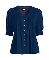 Lands' End Women's Button Pintuck Puff Sleeve Top