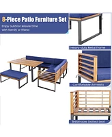 Gymax 8PCS Patio Dining Set Acacia Wood L Shaped Sectional Sofa Set w/ Navy Cushions
