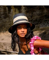 Nona Striped Bucket Palm Straw Hat Black and Natural