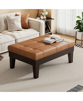Upholstered Ottoman with Drawer and Tapered Legs Modern Rectangular Storage Bench for Living Room or Bedroom Coffee Table Alternative-The Pop Home