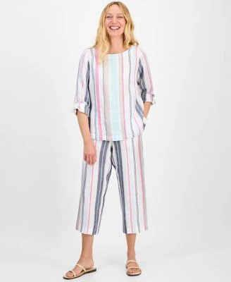 Charter Club Womens Striped 100 Linen Top Cropped Pants Exclusively At Macys