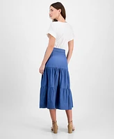 T Tahari Women's Mixed-Media Tiered Fit & Flare Dress