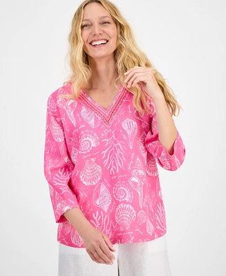 Charter Club Women's Printed 100% Linen Embellished Top, Exclusively at Macy's