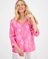 Charter Club Women's Printed 100% Linen Embellished Top, Exclusively at Macy's