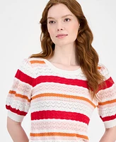 T Tahari Women's Pointelle Striped Crewneck Sweater