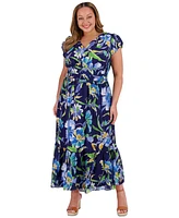 London Times Plus Printed Smocked-Waist Bubble-Sleeve Maxi Dress