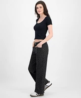 Juniors' Tonal Leopard-Print Wide-Leg Jeans