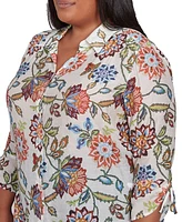 Alfred Dunner Plus Summer Solstice Batik Floral Button Front Top