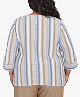 Alfred Dunner Plus Summer Solstice Spliced Stripe Button Shoulder Crew Neck Top