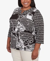 Alfred Dunner Plus Natural Instinct Monotone Patch Beaded Split Neck Top