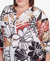 Alfred Dunner Plus Natural Instinct Bold Floral Illustrated Henley Top
