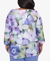 Alfred Dunner Plus Santa Fe Dramatic Pansies Floral Print Top