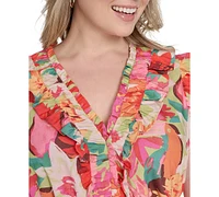 Vince Camuto Plus Printed Ruffle Flutter-Sleeve Tiered Midi Dress