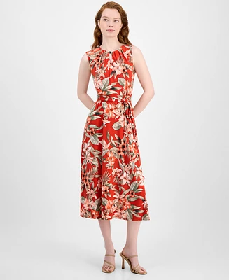 Kasper Printed Tie-Waist Midi Dress, Regular & Petite Sizes