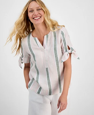 Charter Club Women's Striped 100% Linen Tie-Sleeve Top, Exclusively at Macy's