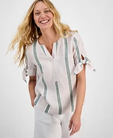 Charter Club Women's Striped 100% Linen Tie-Sleeve Top, Exclusively at Macy's