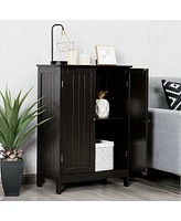 Gymax Bathroom Floor Storage Cabinet Double Door Kitchen Cupboard Shoe Brown