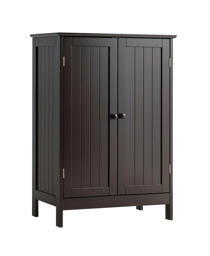 Gymax Bathroom Floor Storage Cabinet Double Door Kitchen Cupboard Shoe Brown