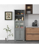 Gymax Bathroom Tall Storage Cabinet Linen Tower w/ Glass Door & Adjustable Shelf Grey