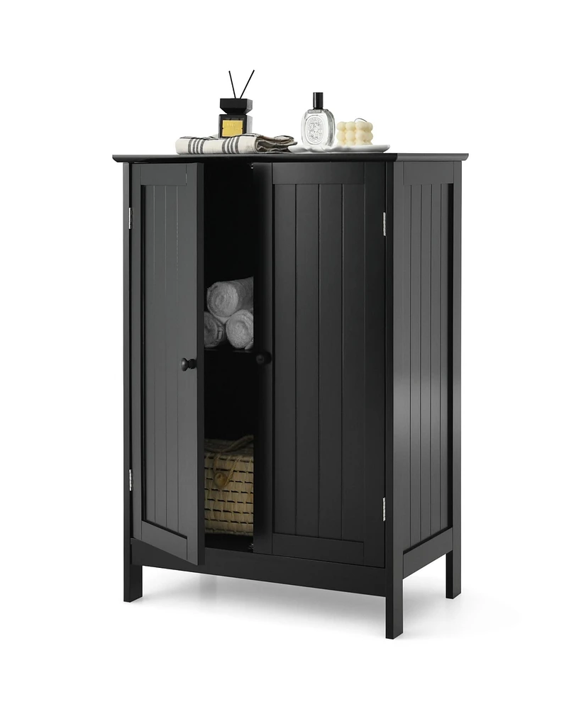 Gymax Bathroom Floor Storage Cabinet Double Door Kitchen Cupboard Shoe Brown