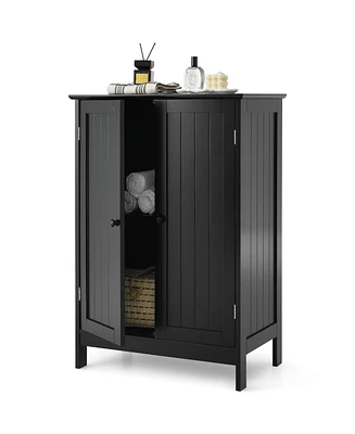 Gymax Bathroom Floor Storage Cabinet Double Door Kitchen Cupboard Shoe Brown