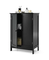 Gymax Bathroom Floor Storage Cabinet Double Door Kitchen Cupboard Shoe Brown