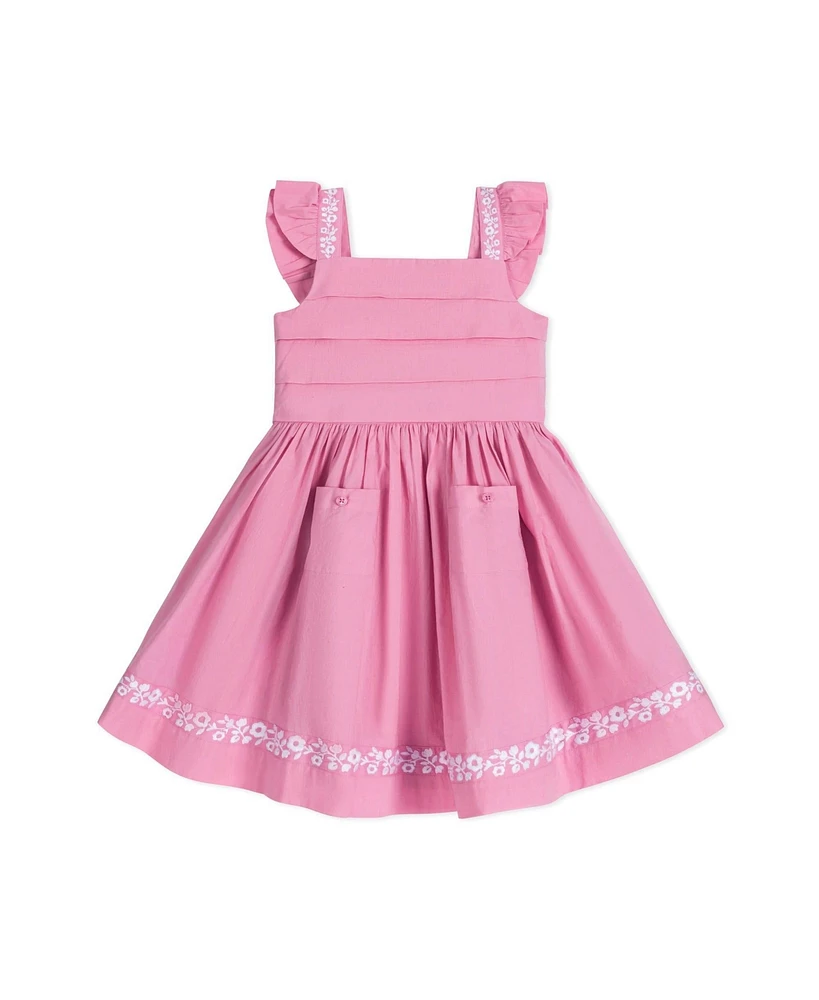 Hope & Henry Toddler Girls Organic Pleated Flutter Sleeve Apron Dress with Embroidery