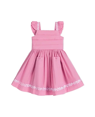 Hope & Henry Toddler Girls Organic Pleated Flutter Sleeve Apron Dress with Embroidery