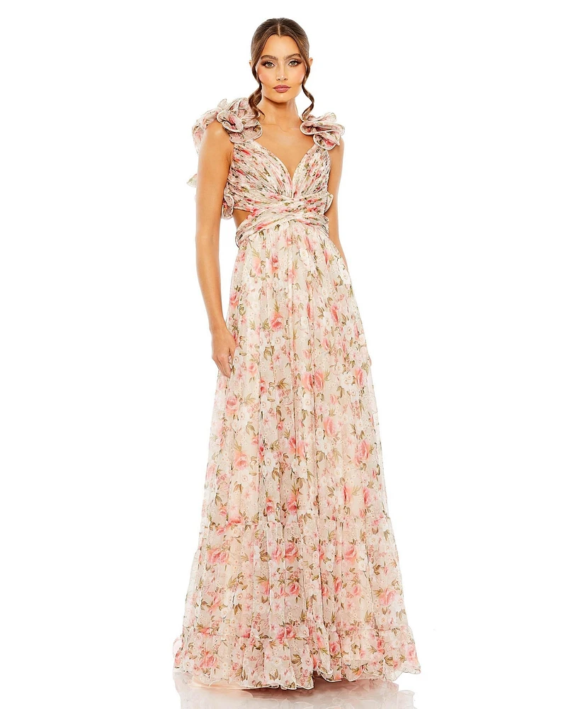 Mac Duggal Women's Ruffle Tiered Cut-Out Chiffon Floral Gown