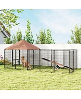 PawHut Dog Kennel Outside with Rotating & Adjustable Height Bowls
