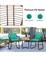 3PCS Patio Rattan Bistro Set Cushioned Chair Glass Table Deck
