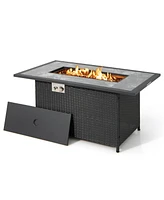 Rattan Wicker Propane Fire Pit Table with Rain Cover and Lava Rock