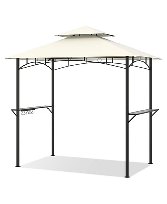 Outdoor Double-Tiered Grill Gazebo Canopy with 2 Shelves and 7 Hooks