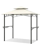 Outdoor Double-Tiered Grill Gazebo Canopy with 2 Shelves and 7 Hooks