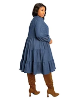 Buxom Couture Plus Denim Long Sleeve Tiered Shirt Dress