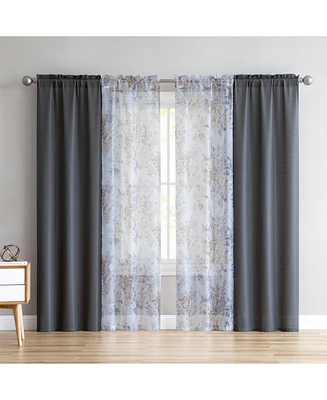 Kate Aurora Gray 4 Piece Rod Pocket Semi Sheer Floral Window Curtain Panel Set