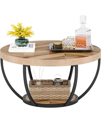 Tribesigns Round Coffee Table, Industrial 2-Tier Circle Table with Storage Shelves, Modern 31.7" Wooden Accent Center for Living Room, Ho