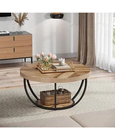 Tribesigns Round Coffee Table, Industrial 2-Tier Circle Table with Storage Shelves, Modern 31.7" Wooden Accent Center for Living Room, Ho