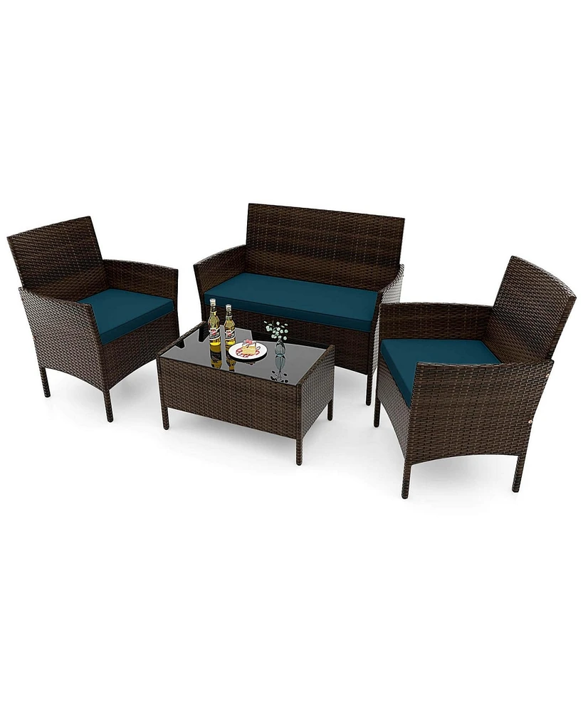Gymax Set of 4 Furniture w/ Washable Cushions & Tempered Glass Coffee Table