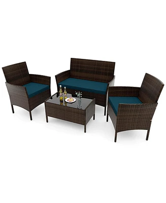 Gymax Set of 4 Furniture w/ Washable Cushions & Tempered Glass Coffee Table