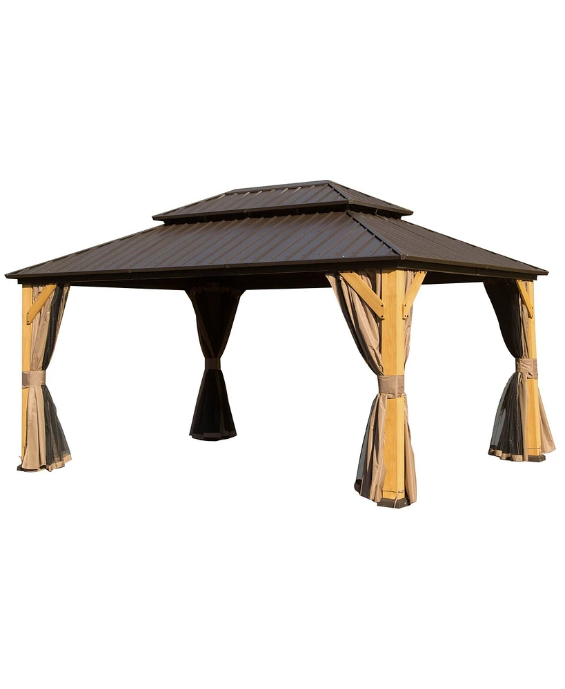 10x14FT Cedar Wood Gazebo, Solid Wood Hardtop Gazebo with Galvanized Steel Double Roof, Netting & Curtains, Outdoor Gazebo for Patio, Backyard, Deck,