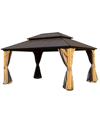 10x14FT Cedar Wood Gazebo, Solid Wood Hardtop Gazebo with Galvanized Steel Double Roof, Netting & Curtains, Outdoor Gazebo for Patio, Backyard, Deck,