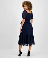 julia jordan Women's Puff-Sleeve Belted Midi Dress